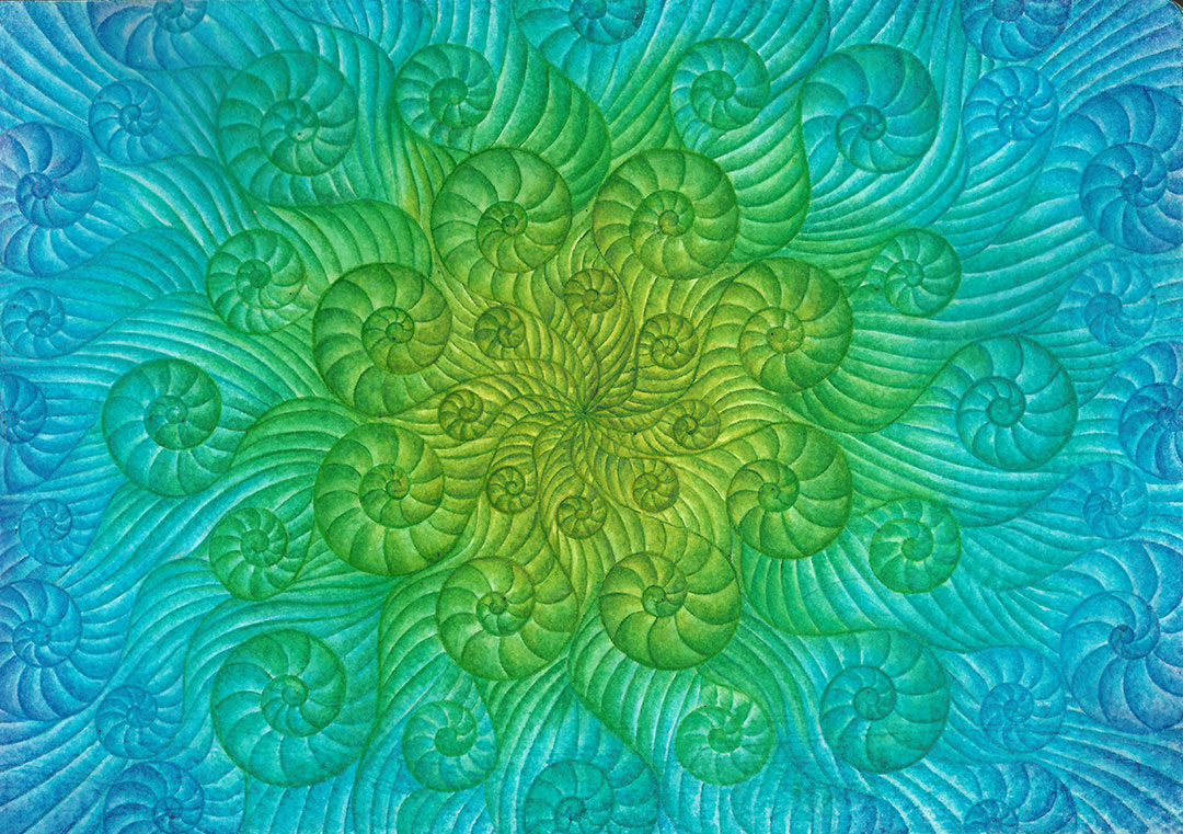 Abstract watercolor: spirals departing from the center of the image form a concentric pattern in the colors of yellowish green that gradually turns into sky blue.