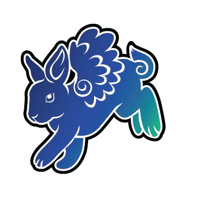My logo, a winged rabbit in a gradient of blue and green with a white and a black stroke.