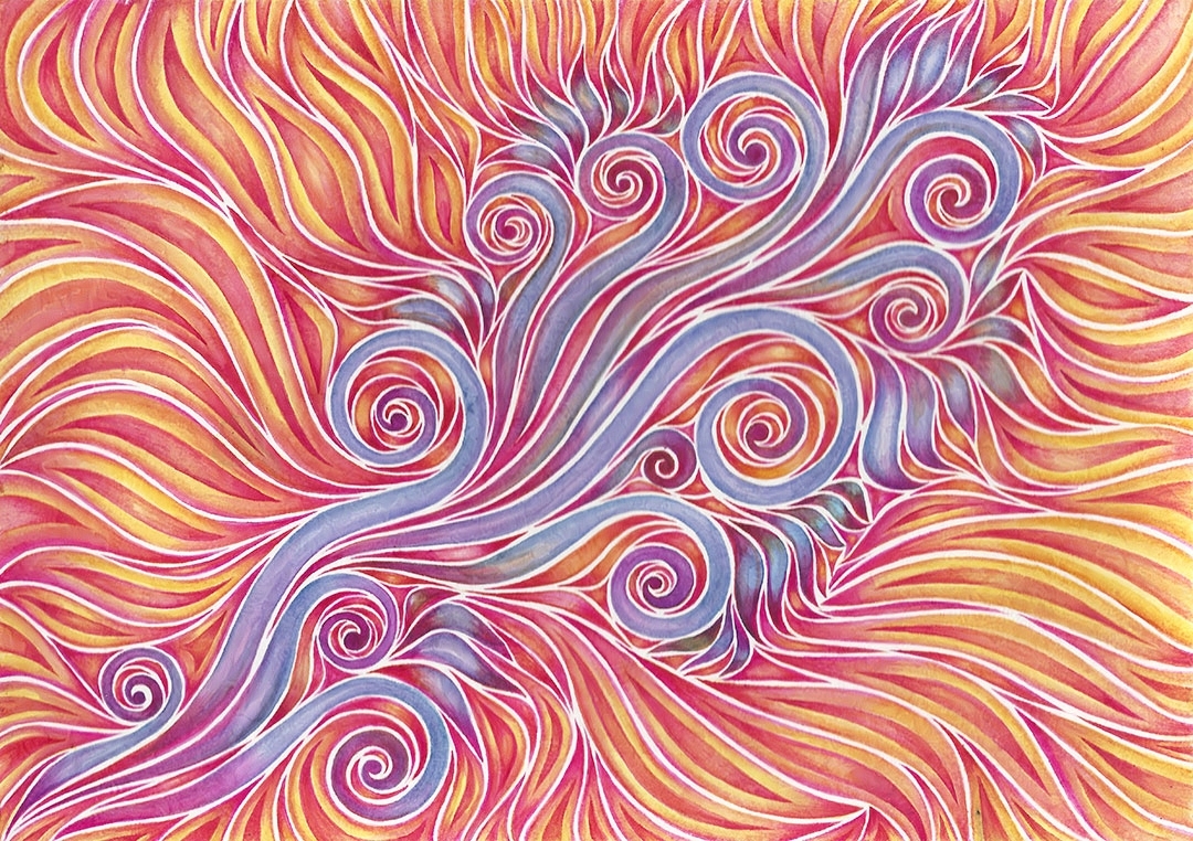 Abstract painting. A lilac-purple central element with spirals reminds of a bunch of flowers. Flame-like elements in yellow, orange, red and magenta depart from it.