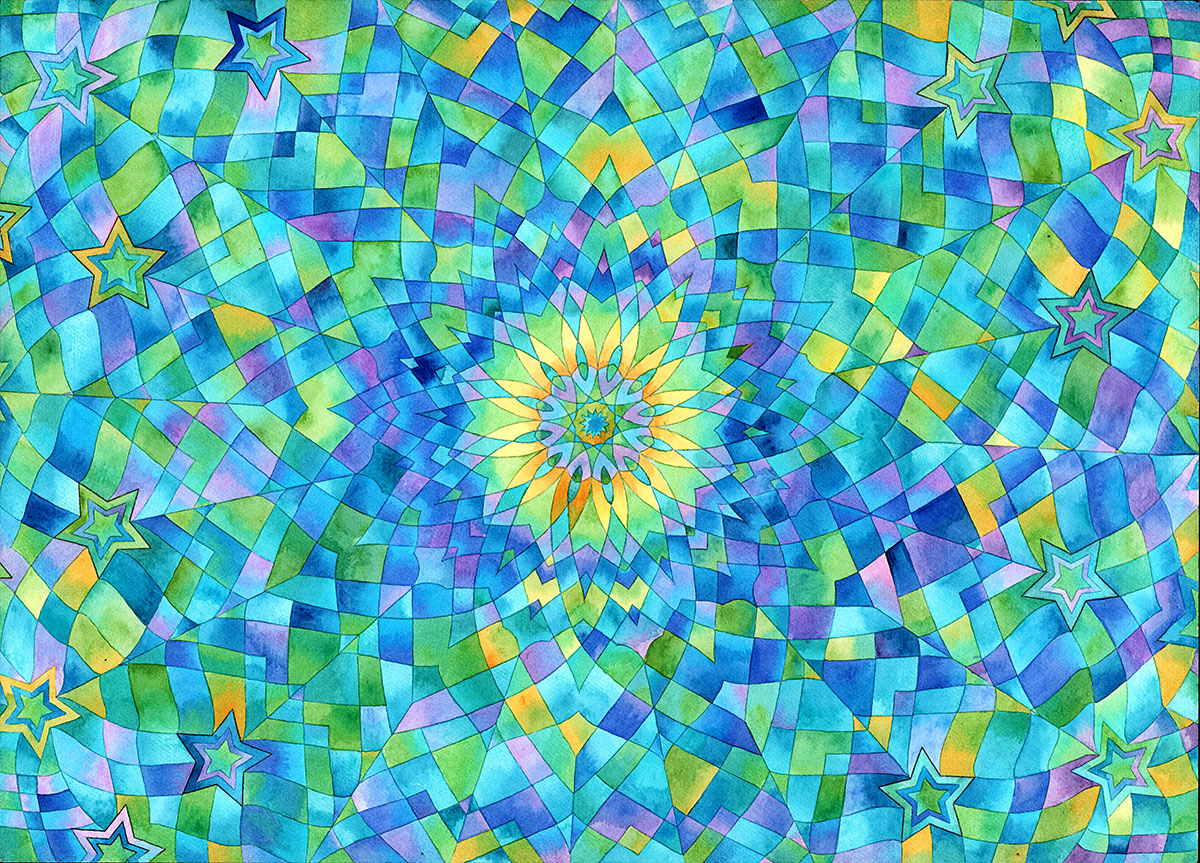 Asbtract watercolor in a pattern departing from the center of the page. Colors are blues, greens, yellows and purples.