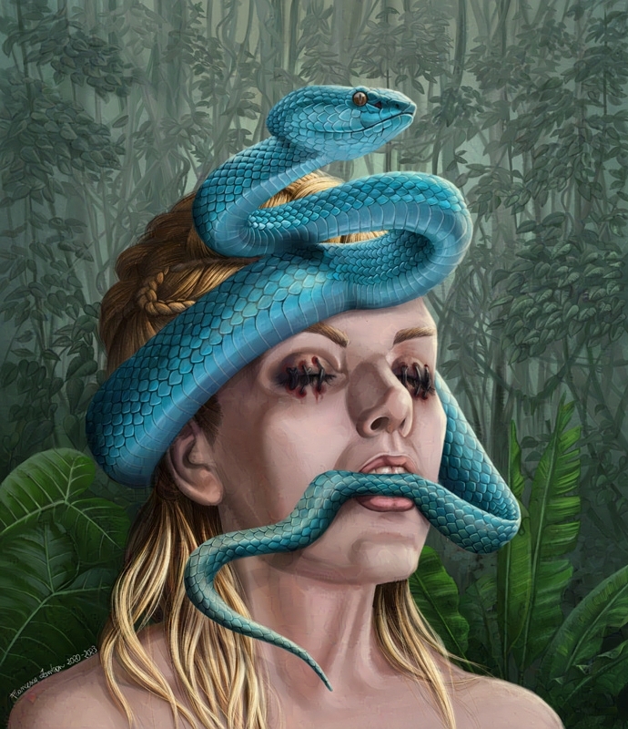 The Grudge On a green jungle background, a young woman's head and shoulders portrait. Her hair is blond and partially styled in braids. Her eyes have been sewn shut and around her head a beautiful turquoise-colored snake is coiled. She has the snake's tail between her teeth.