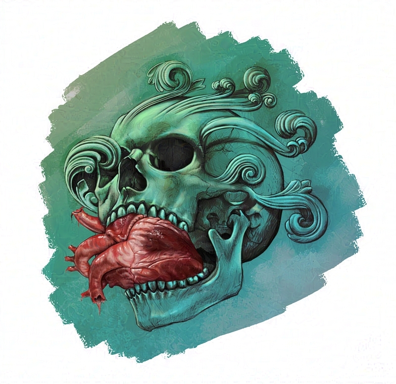 A skull floats on a green-blue background. Spiral-like and leaf-like structures bloom from it. The skull's jaw is open and it's biting a fresh, red human heart.