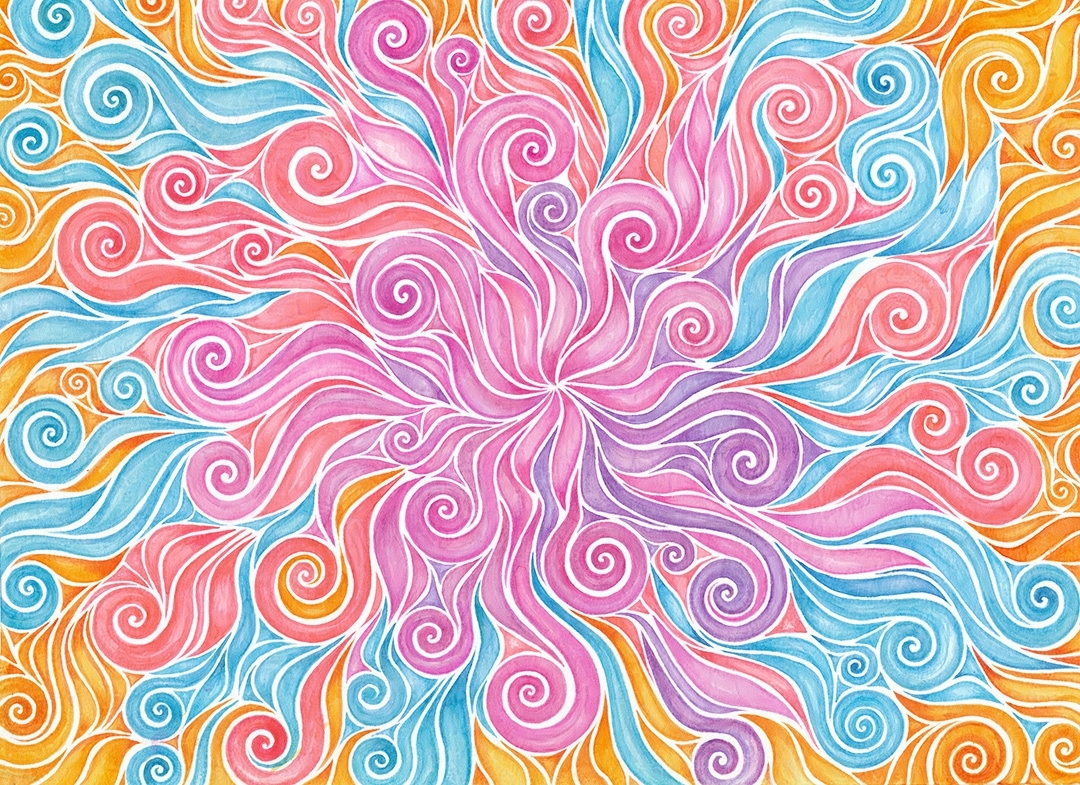 Abstract watercolor with spirals and other organic shapes departing from the center of the page, in pastel tones of pink, purple, blue, red and orange.