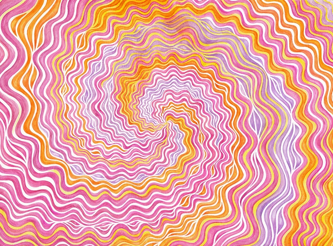 Abstract watercolor: orange, pink and yellow wavy spirals spirals departing from the center of the page