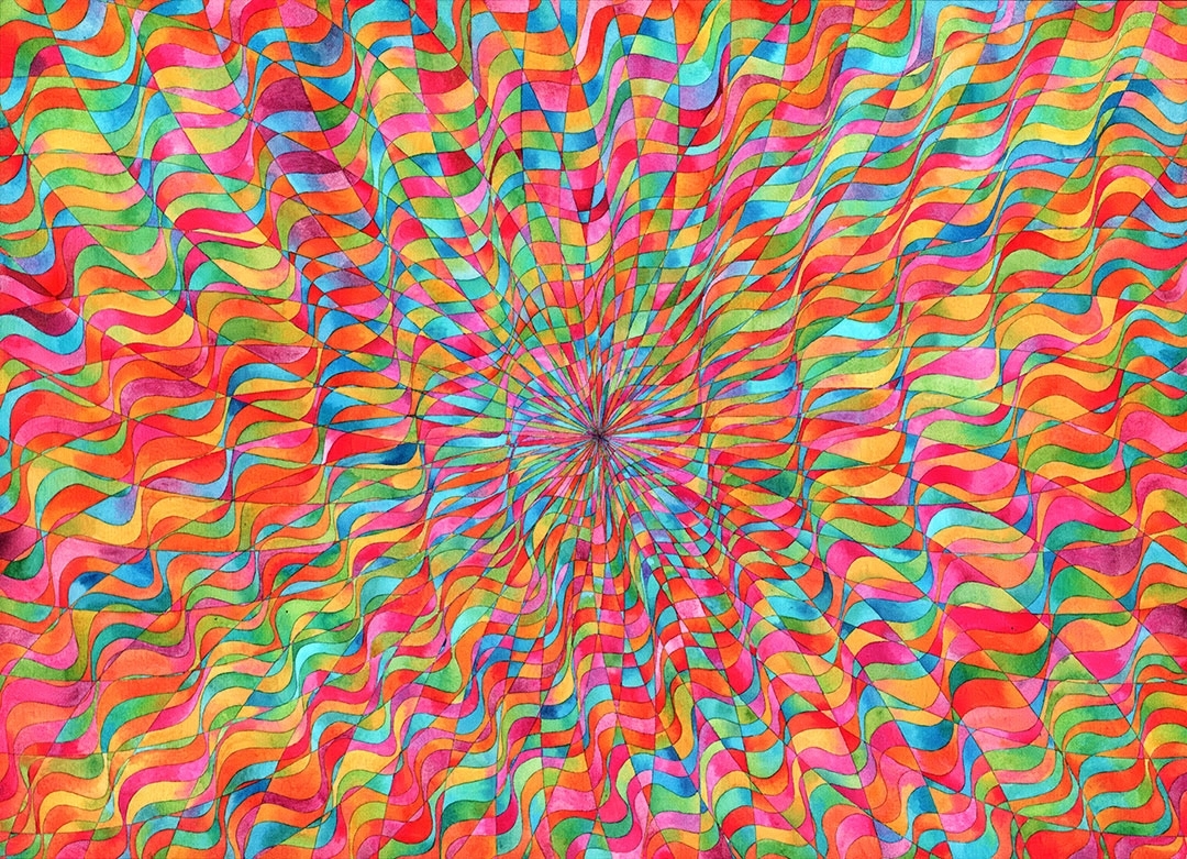 Abstract watercolor. From the center of the image many curved lines depart, forming a flower-like shape that is then crossed by many wavy lines and painted in many colors with a prevalence of orange.