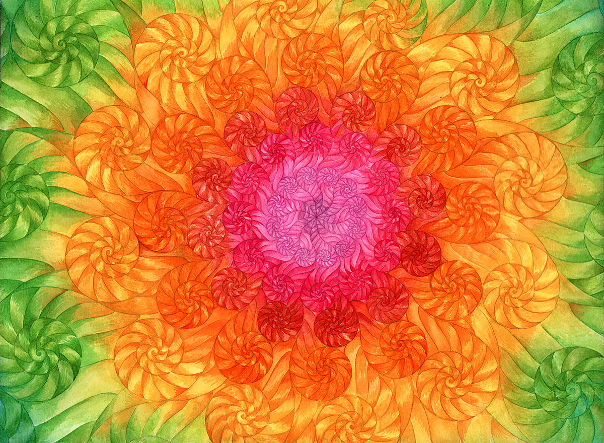 Abstract watercolor: spirals departing from the center of the image form a concentric pattern in the colors pink that gradually turns into red, orange, yellow and finally green.