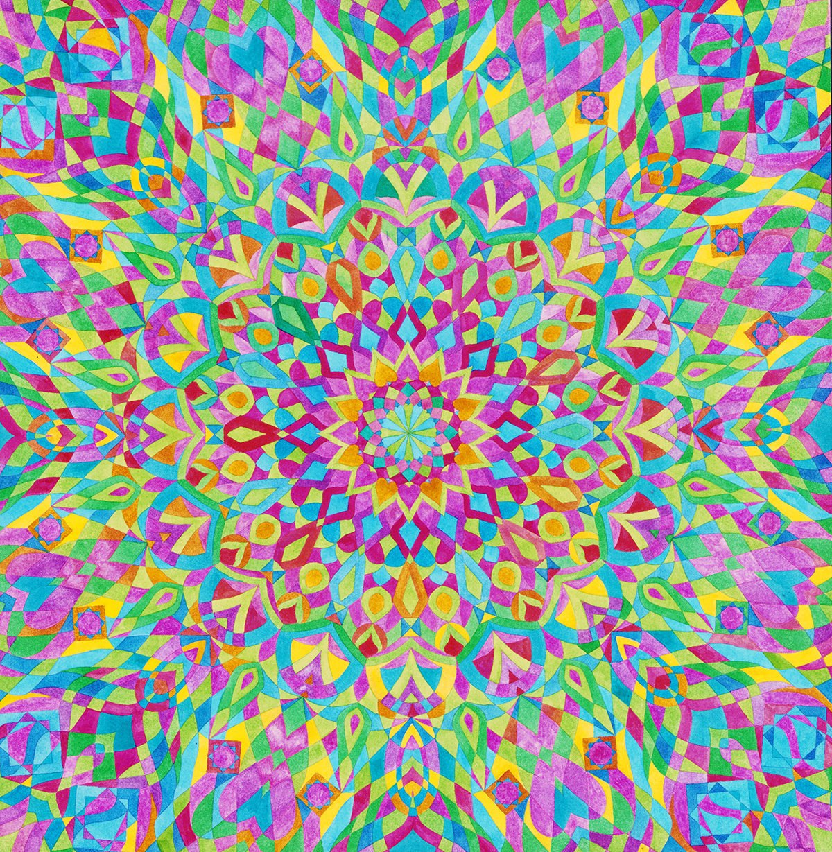 Abstract watercolor with geometric and organic shapes departing from a center in the colors green, blue, red, pink and purple.