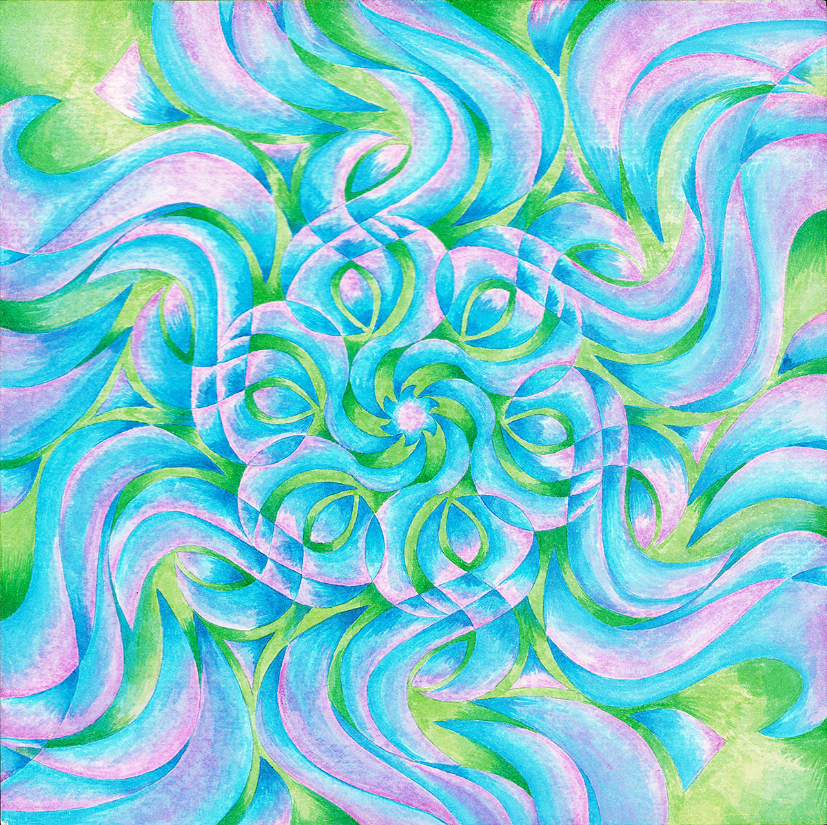 Abstract watercolor with wavy shapes departing from a center in the colors green, blue and purple.