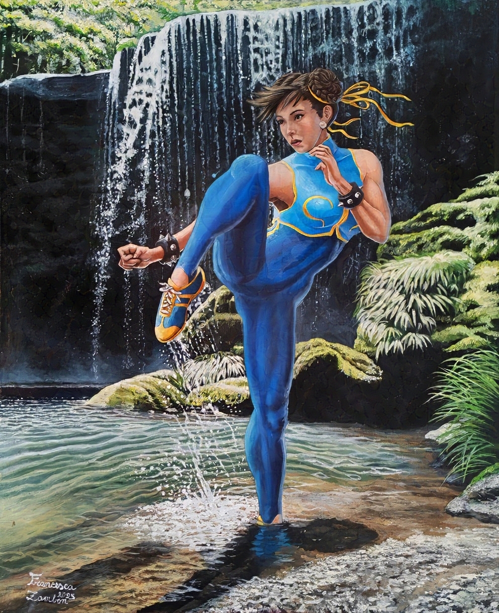 Chun Li Painting of a woman in a blue martial arts suit performing a high kick near a waterfall, with a natural background.