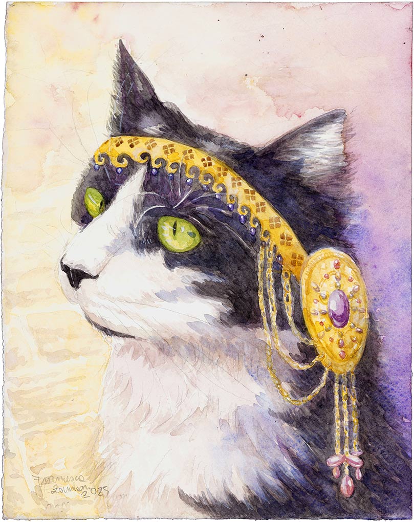 A watercolor painting of a black and white cat with yellow eyes, looking left, wearing an ornate golden headdress adorned with jewels and dangling chains.