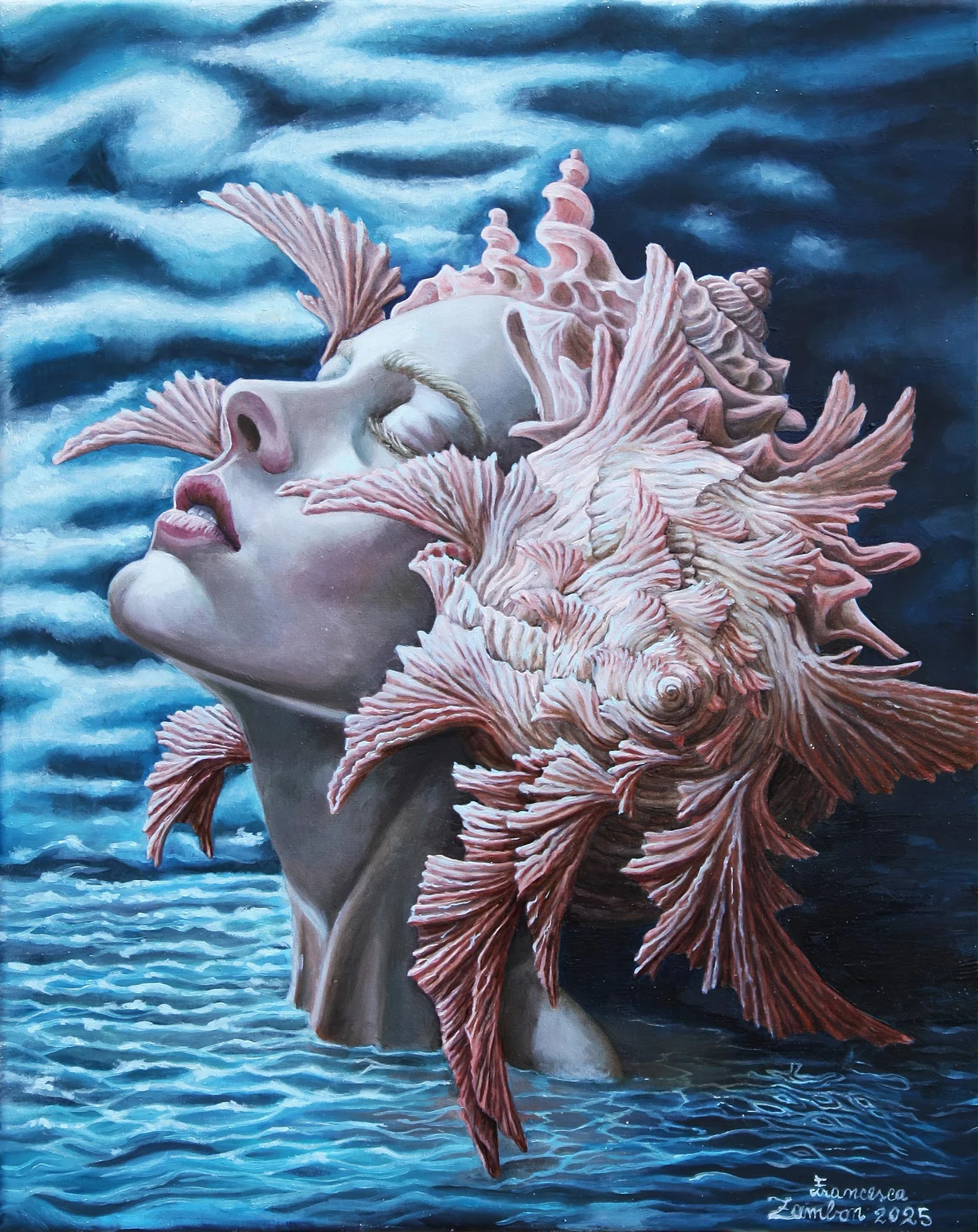 A painting depicts the head and neck of a woman emerging from rippled blue waters under a dark, cloudy sky. The top of the head is covered by large, jagged, pale pink seashells. The woman's face is tilted upward with eyes closed. In the bottom right corner, the text reads "Francesca Zambon 2025".