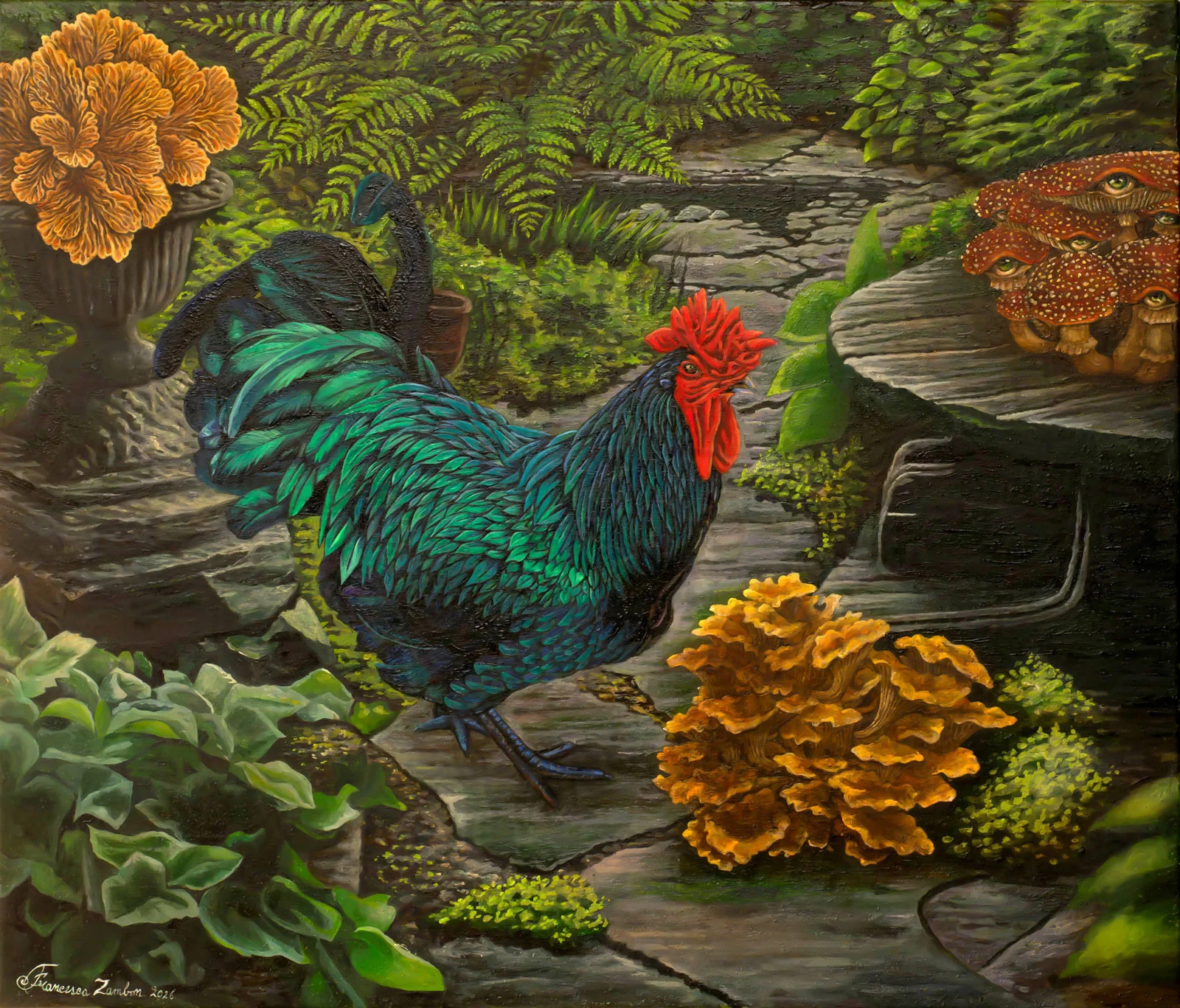 An oil painting depicts an iridescent teal and black rooster with a bright red comb standing on a stone path in a lush garden, surrounded by orange fungi and ferns, while a cluster of red Amanita muscaria mushrooms with watchful eyes observes from a rock table.
